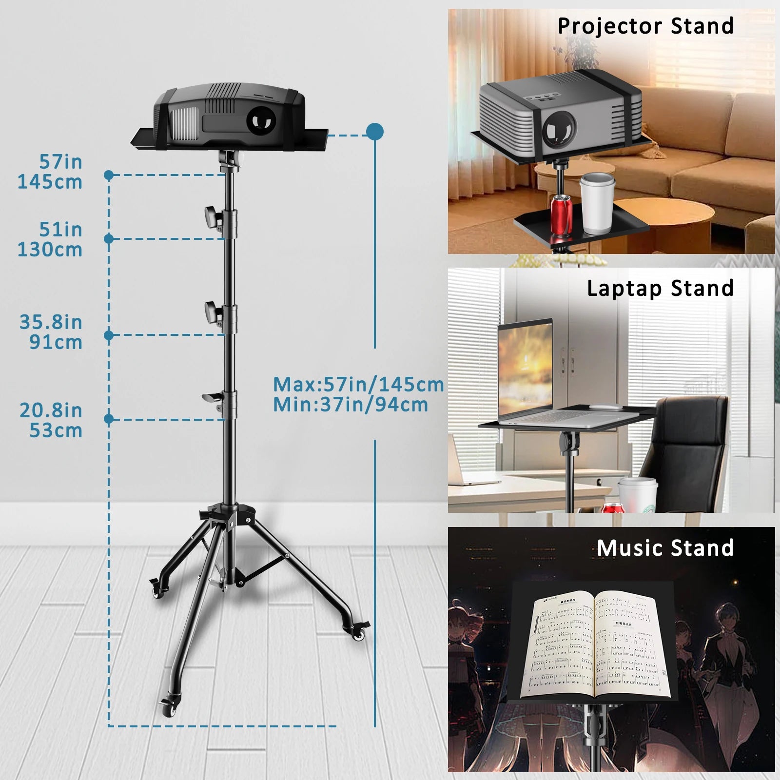90/145cm Projector Tripod Stand Laptop Tripod Adjustable Height 23 to 63 Standing Desk Outdoor Computer Desk Stand for Studio